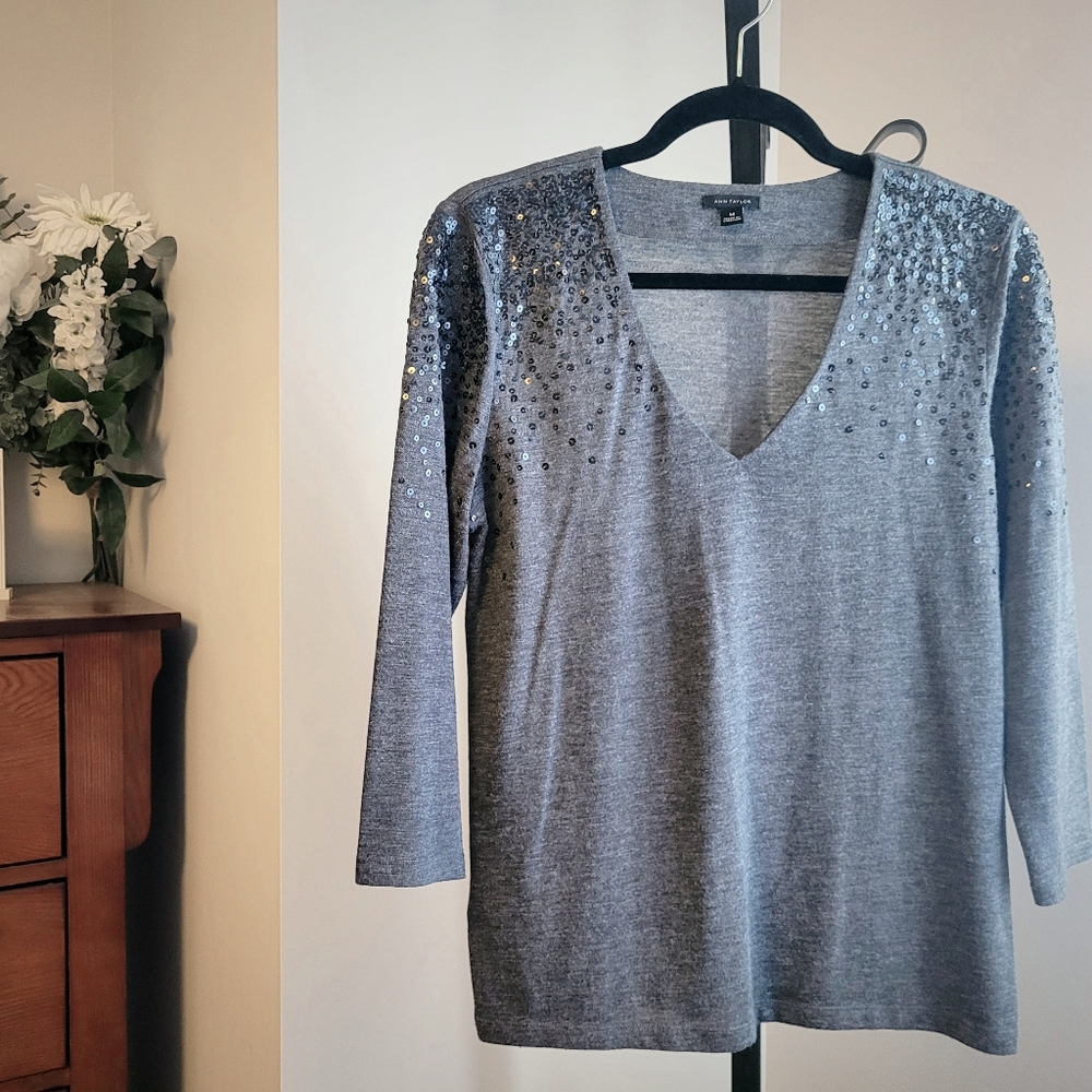 Ann Taylor Sequin Shoulder Sweater Top